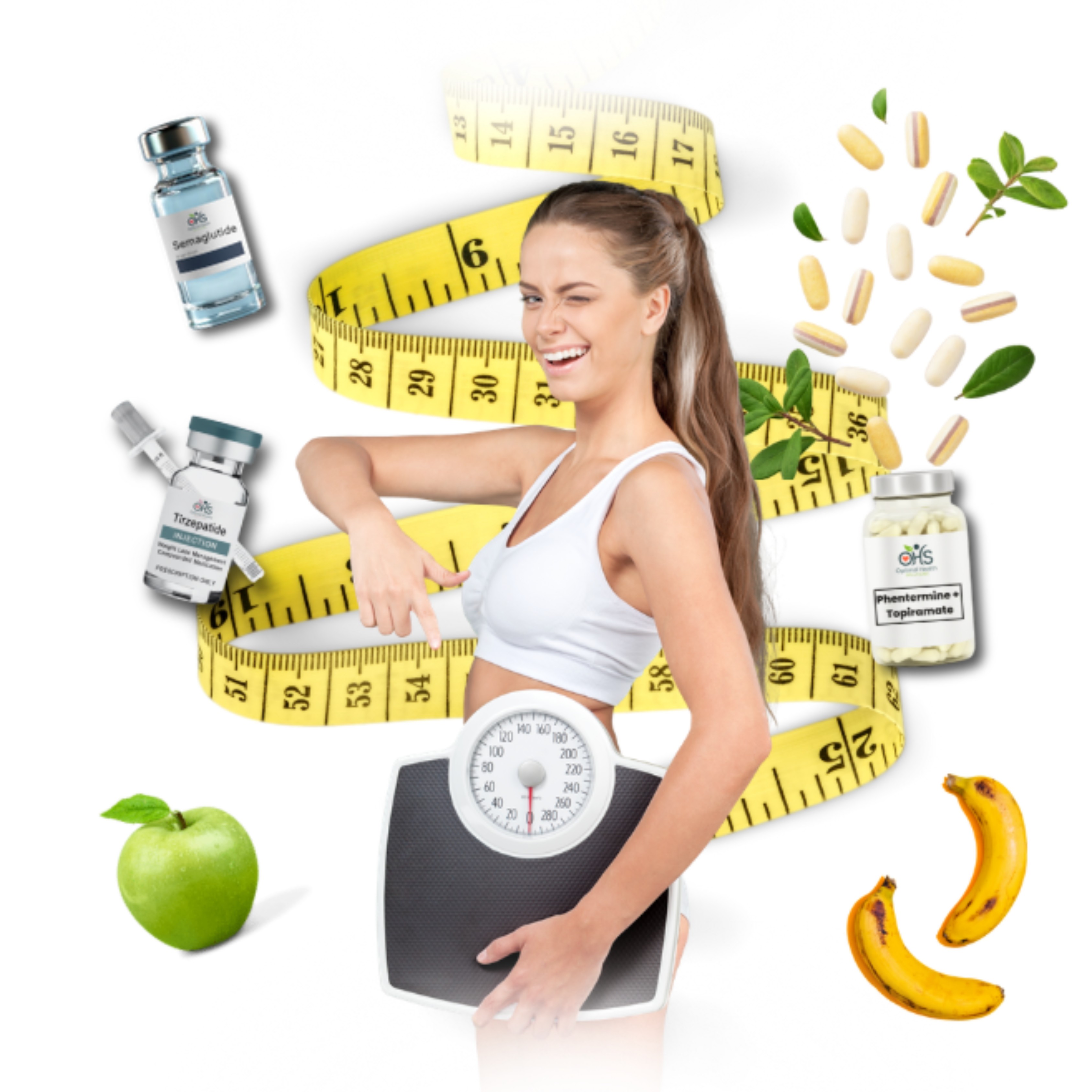 Woman holding scale with measuring tape, medications and supplements